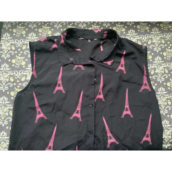 Eiffel Tower Print Paris Pink H&M Black Sleeveless Button Down Blouse Top Small - Picture 5 of 7